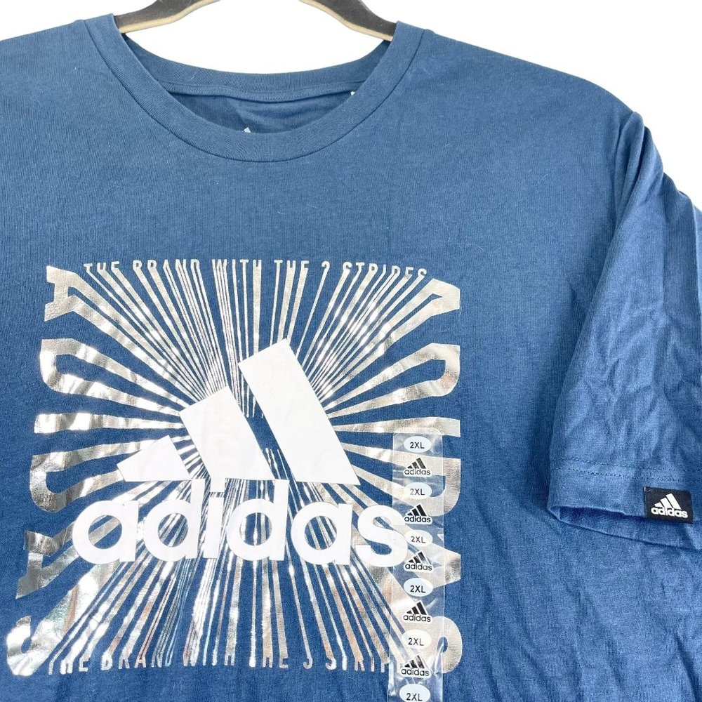 NWT ADIDAS Mens XXL Blue Silver Spell Out Logo T-Shirt Short Sleeve Casual